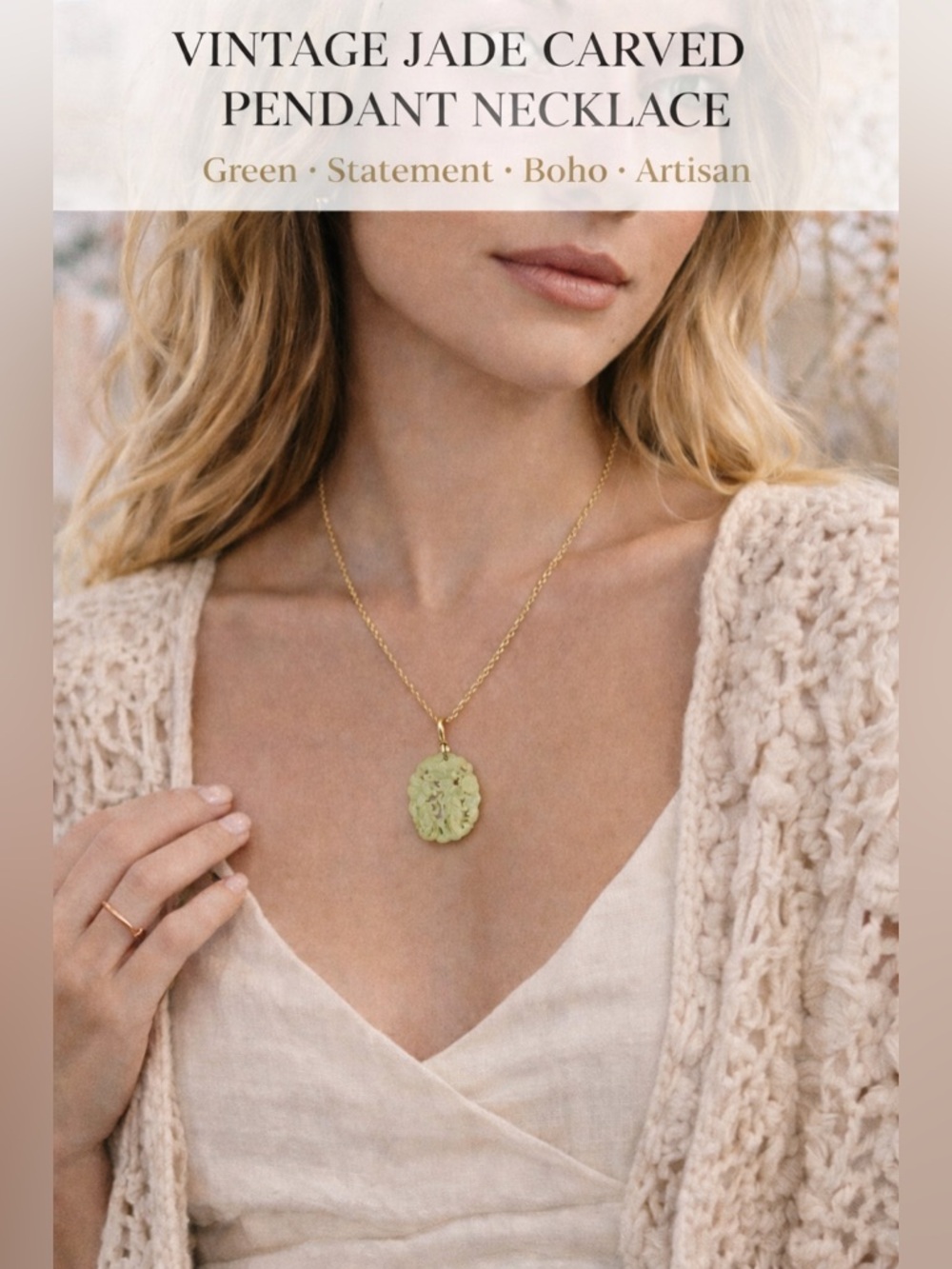 Vintage Jade Carved Pendant Necklace Green Statement Medallion Boho Artisan